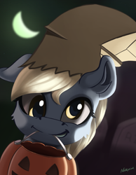 Size: 2611x3371 | Tagged: safe, artist:nookprint, character:derpy hooves, species:pegasus, species:pony, bag, clothing, costume, cute, derpabetes, female, halloween, holiday, mare, mouth hold, nightmare night costume, paper bag, paper bag wizard, pumpkin bucket, smiling, solo