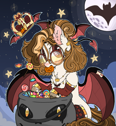 Size: 2143x2333 | Tagged: safe, artist:myfantasy08, oc, oc:equino echonnus, species:bat, candy, clothing, collar, crown, cute, ear fluff, food, glasses, halloween, holiday, jewelry, looking at you, moon, multicolored hair, night, original species, pumpkim, pumpkin bucket, regalia, sky, socks, solo, stars, succubus, succubus tail, wing ring