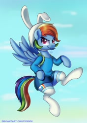 Size: 636x900 | Tagged: safe, artist:pyropk, species:pegasus, species:pony, species:rabbit, adorkable, adventure time, animal, awesome, bunny ears, clothing, cosplay, costume, crossover, cute, dork, female, fionna, fionna the human, hat, miniskirt, skirt, socks, solo, thigh highs