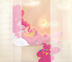 Size: 4000x3470 | Tagged: safe, artist:nyota71, character:li'l cheese, character:pinkie pie, species:earth pony, species:pony, episode:the last problem, g4, my little pony: friendship is magic, cloud, colt, dawn, female, male, mama pinkie, mother and son, older, older pinkie pie, signature, sun