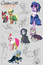 Size: 1280x1920 | Tagged: safe, artist:silverhopexiii, character:apple bloom, character:applejack, character:derpy hooves, character:pinkie pie, character:princess luna, character:rainbow dash, character:rarity, character:scootaloo, character:sweetie belle, character:twilight sparkle, character:twilight sparkle (unicorn), character:zecora, species:alicorn, species:pegasus, species:pony, species:unicorn, species:zebra, animal costume, bone, bow, broom, chicken pie, chicken suit, clothing, costume, cutie mark crusaders, ear piercing, earring, female, filly, flying, flying broomstick, frankenstein's monster, gray background, hair bow, jewelry, looking at you, mare, necklace, nightmare night costume, piercing, simple background, skeleton, sketch, star swirl the bearded costume, sword, weapon