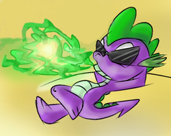 Size: 410x324 | Tagged: safe, artist:supersheep64, character:spike, species:dragon, g4, desert, fire, fire breath, male, on back, relaxing, solo, sunglasses