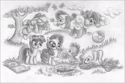 Size: 2391x1586 | Tagged: safe, artist:deathcutlet, character:applejack, character:fluttershy, character:pinkie pie, character:rainbow dash, character:rarity, character:spike, character:twilight sparkle, ball, book, butterfly, cloud, gem, mane seven, sketch, sleeping, tree