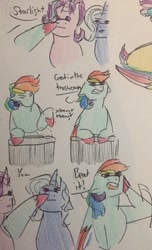 Size: 585x960 | Tagged: safe, artist:lieutenantcactus, character:rainbow dash, character:starlight glimmer, character:trixie, species:pony, traditional art