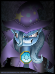 Size: 696x932 | Tagged: safe, artist:primogenitor34, character:trixie, cape, clothing, dark, evil grin, hat, silhouette, wizard hat