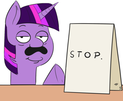 Size: 1100x900 | Tagged: safe, artist:freehdmcgee, artist:mkogwheel edits, edit, character:twilight sparkle, species:pony, species:unicorn, applejack's sign, cleveland brown, female, horn, meme, pointing, sign, solo, stop, table