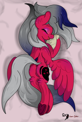 Size: 3000x4500 | Tagged: safe, artist:lunarcipher1, oc, oc:soul serenity, species:pegasus, species:pony, absurd resolution, ass, bed, blushing, butt, cuddling, cute, dawwww, eyes closed, female, frog (hoof), happy, hug, long mane, lying on bed, mare, open mouth, pillow, pillow hug, plot, smiling, snuggling, solo, underhoof, wings