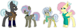 Size: 1583x582 | Tagged: safe, artist:king-justin, character:fluttershy, character:thunderlane, oc, oc:moody hailstorm, oc:timid gear, parent:fluttershy, parent:thunderlane, parents:thundershy, species:pony, ship:thundershy, alternate hairstyle, amputee, choker, clothing, congenital amputee, family, fangs, female, goggles, hair bun, heterochromia, jacket, male, offspring, prosthetic leg, prosthetic limb, prosthetics, shipping, straight, sweater, sweatershy