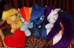 Size: 2549x1659 | Tagged: safe, artist:ponimalion, character:applejack, character:princess luna, character:rainbow dash, character:rarity, species:pony, applejack's hat, clothing, cowboy hat, female, hat, heart, heart pillow, life size, mare, pillow, sleeping