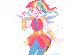 Size: 1774x1287 | Tagged: safe, artist:vilkadvanoli, character:rainbow dash, species:human, my little pony:equestria girls, clothing, crystal guardian, crystal wings, dress, female, ponied up, pony ears, ponytail, solo, tongue out, wings