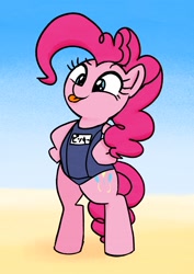 Size: 1448x2048 | Tagged: safe, artist:lemonspark, character:pinkie pie, species:earth pony, species:pony, beach, bipedal, clothing, cute, diapinkes, female, hoof on hip, mare, one-piece swimsuit, solo, sukumizu, swimsuit, tongue out