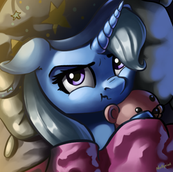 Size: 2767x2749 | Tagged: safe, artist:nookprint, character:trixie, species:pony, species:unicorn, bed, blanket, bust, clothing, cute, diatrixes, female, floppy ears, hat, high res, mare, pillow, portrait, scrunchy face, solo, teddy bear