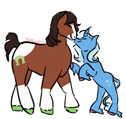 Size: 1181x1122 | Tagged: safe, artist:lieutenantcactus, artist:polyquestria, character:trixie, character:trouble shoes, species:earth pony, species:pony, species:unicorn, boop, curved horn, eyes closed, female, horn, male, mare, noseboop, rearing, shipping, simple background, smiling, stallion, straight, troubletrix, unshorn fetlocks, white background