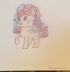 Size: 800x826 | Tagged: safe, artist:vazquezg19, oc, oc only, oc:sweetie blossom, parent:cozy glow, species:pegasus, species:pony, bow, female, freckles, hair bow, hair ribbon, magical lesbian spawn, offspring, parent:applebloom, ribbon, solo, tail bow, traditional art