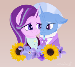 Size: 5000x4500 | Tagged: safe, artist:nyota71, character:starlight glimmer, character:trixie, species:pony, species:unicorn, ship:startrix, episode:the last problem, g4, my little pony: friendship is magic, bust, clothing, female, flower, hyacinth, jewelry, lesbian, looking at each other, mare, older, older starlight glimmer, older trixie, one eye closed, shipping, smiling, suit, sunflower