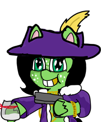 Size: 1440x1742 | Tagged: safe, artist:scotch, oc, oc:filly anon, species:pony, my little pony:pony life, chest fluff, clothing, cocaine, drugs, feathered hat, female, filly, gangsta, gold chains, gold tooth, gun, hat, pimp, pimp hat, smiling, weapon