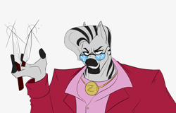 Size: 3221x2058 | Tagged: safe, artist:freehdmcgee, species:anthro, species:zebra, antagonist, clothing, colored, dress shirt, evil grin, finger hooves, flat colors, getter robo e, grin, jacket, jewelry, knife, male, necklace, redesign, simple background, smiling, solo, sunglasses, white background, zeb
