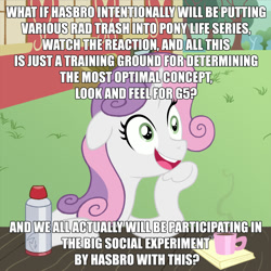 Size: 1000x1000 | Tagged: safe, artist:crystalightrocket, character:sweetie belle, species:pony, species:unicorn, my little pony:pony life, caption, coffee, cup, exploitable meme, female, image macro, insane fan theory, leaning, mare, meme, notepad, obligatory pony, older, older sweetie belle, op is not trying to start shit, pony life drama, question, solo, sudden clarity older sweetie belle, sudden clarity sweetie belle, text