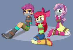 Size: 1600x1100 | Tagged: safe, artist:nivek15, character:apple bloom, character:scootaloo, character:sweetie belle, my little pony:equestria girls, apple bloom's bow, arm behind back, bondage, boots, bound and gagged, bow, clothing, cutie mark crusaders, female, gag, gray background, hair bow, jeans, kneeling, pants, ropes, shoes, shorts, simple background, sitting, skirt, tape, tape gag, trio, trio female