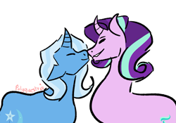 Size: 1181x827 | Tagged: safe, artist:lieutenantcactus, artist:polyquestria, character:starlight glimmer, character:trixie, species:pony, species:unicorn, ship:startrix, boop, curved horn, eyes closed, female, horn, lesbian, mare, noseboop, shipping, simple background, smiling, white background