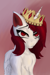 Size: 2000x3000 | Tagged: safe, artist:littlepony115, oc, oc:atomic discharge, species:alicorn, species:pony, abstract background, alicorn oc, bored, bust, chest fluff, commission, crown, ear fluff, female, gemstones, jewelry, mare, red eyes, red mane, regalia, shoulder fluff, solo, white coat, wings