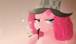 Size: 6000x3500 | Tagged: safe, artist:nyota71, character:pinkie pie, species:earth pony, species:pony, bored, bubble, curly hair, curly mane, female, pipe, sherlock hat, solo, thinking
