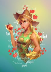 Size: 1409x1993 | Tagged: safe, artist:animesoul, character:applejack, my little pony:equestria girls, apple, female, food, looking at you, solo