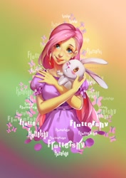 Size: 1409x1993 | Tagged: safe, artist:animesoul, character:angel bunny, character:fluttershy, my little pony:equestria girls, clothing, creepy, cutie mark, dress, female, looking at you, solo, uncanny valley