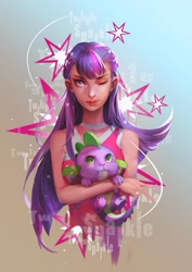 Size: 1409x1993 | Tagged: safe, artist:animesoul, character:spike, character:twilight sparkle, species:dragon, my little pony:equestria girls, cutie mark, female, male, one eye closed, solo, wink