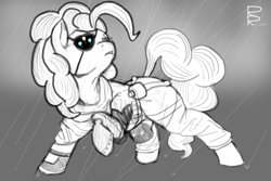 Size: 1500x1000 | Tagged: safe, artist:riggyrag, character:pinkie pie, species:earth pony, species:pony, clothing, crossover, eyepatch, female, mare, metal gear, metal gear solid, monochrome, punished snake, rain, sad, solo, venom snake