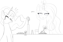 Size: 1500x1000 | Tagged: safe, artist:riggyrag, character:princess celestia, character:princess luna, species:alicorn, species:pony, /mlp/, annoyed, black and white, dinner, eyes closed, female, flower, food, glass, grayscale, laughing, levitation, magic, magic aura, mare, monochrome, prank, request, royal sisters, salt, salt shaker, siblings, signature, simple background, sisters, smiley face, table, telekinesis, white background