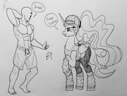 Size: 2436x1836 | Tagged: safe, artist:riggyrag, character:princess celestia, oc, oc:anon, species:alicorn, species:pony, /mlp/, armpits, clothing, dialogue, female, male, mare, monochrome, raised hoof, traditional art