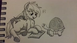Size: 3264x1836 | Tagged: safe, artist:riggyrag, character:rainbow dash, character:tank, species:pegasus, species:pony, /mlp/, anatomically incorrect, book, cute, female, human shoulders, lying down, mare, monochrome, traditional art