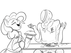 Size: 1600x1200 | Tagged: safe, artist:riggyrag, character:pinkie pie, oc, oc:anon, species:earth pony, species:human, species:pony, /mlp/, black and white, cake, clothing, eyes closed, female, food, food fight, grayscale, holiday, laughing, male, mare, monochrome, napkin, pants, pie, pied, plate, pullover, signature, simple background, sitting, sweater, table, thanksgiving, white background