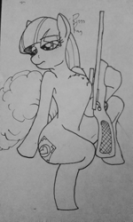 Size: 1729x2891 | Tagged: safe, artist:riggyrag, oc, oc only, oc:riggy, species:pony, black and white, grayscale, gun, hoof hold, monochrome, rifle, signature, simple background, sitting, sketch, sniper, sniper rifle, solo, traditional art, weapon, white background
