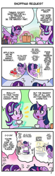 Size: 712x2292 | Tagged: safe, artist:wakyaot34, character:starlight glimmer, character:twilight sparkle, character:twilight sparkle (alicorn), species:alicorn, species:pony, species:unicorn, 4koma, apple, blushing, comic, cup, dialogue, food, japanese, magic, right to left, sweat, sweatdrop, teacup, translation