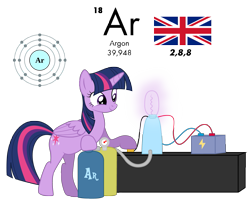 Size: 1023x823 | Tagged: safe, artist:zefrenchm, character:twilight sparkle, character:twilight sparkle (alicorn), species:alicorn, species:pony, adorkable, argon, atom, bulb, cute, dork, female, flag, periodic table, simple background, solo, transparent background, united kingdom