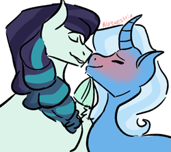 Size: 1063x945 | Tagged: safe, artist:lieutenantcactus, artist:polyquestria, character:coloratura, character:trixie, species:earth pony, species:pony, species:unicorn, ship:coloratrix, boop, crack shipping, curved horn, eyes closed, female, horn, lesbian, mare, noseboop, shipping, simple background, white background