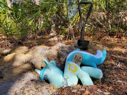 Size: 4032x3024 | Tagged: safe, artist:hoppip, character:lyra heartstrings, species:pony, species:unicorn, 4chan, dirt, female, grave, gravestone, hole, insertion, irl, lyra plushie, mare, op is a duck, outdoors, photo, plant, plothole plush lyra, plushie, shovel, solo