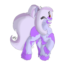 Size: 894x894 | Tagged: safe, artist:embroidered equations, artist:littlepony115, artist:poniesmine, oc, oc only, oc:aggie, species:earth pony, species:pony, big tail, cute, female, fluffy, grin, hair bun, mare, one eye closed, pinto, purple, red eyes, shading, simple background, smiling, solo, splotches, standing, transparent background, unshorn fetlocks, wink