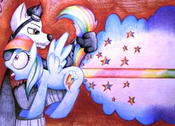 Size: 1280x920 | Tagged: safe, artist:twintailsinc, character:rainbow dash, species:anthro, species:pegasus, species:pony, anthro with ponies, behaving like a weapon, duo, fart, female, furry, mare, mr. toots, rainbow, rainbow fart, red faction armageddon, tail lift, tongue out, traditional art