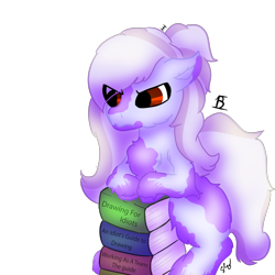 Size: 894x894 | Tagged: safe, artist:embroidered equations, artist:littlepony115, artist:poniesmine, oc, oc only, oc:aggie, species:earth pony, species:pony, annoyed, book, cute, ear down, female, fluffy, hair bun, leaning forward, mane, mare, red eyes, shading, solo, splotches, squatting, tail