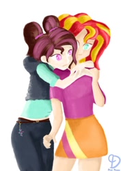 Size: 752x1063 | Tagged: safe, artist:dumbprincess, character:sunset shimmer, oc, species:human, my little pony:equestria girls, commission, duo, female, hug, pigtails, simple background, wavy hair, white background