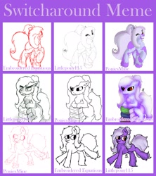 Size: 1920x2162 | Tagged: safe, artist:embroidered equations, artist:littlepony115, artist:poniesmine, oc, oc only, oc:aggie, species:earth pony, species:pony, book, chest fluff, cute, lineart, meme, purple, red eyes, shading, sketch, solo, splotches, unshorn fetlocks
