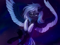 Size: 2000x1500 | Tagged: safe, artist:hakaina, oc, oc only, oc:sirius-b, species:pegasus, species:pony, ear fluff, flying, night, night sky, peaceful, sky, solo, two toned wings, wings