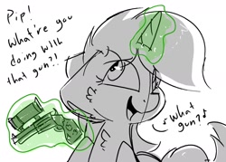Size: 1280x915 | Tagged: safe, artist:northwindsmlp, oc, oc only, oc:littlepip, species:pony, species:unicorn, fallout equestria, blatant lies, clothing, fanfic, fanfic art, female, glowing horn, gun, handgun, hooves, horn, levitation, little macintosh, magic, mare, open mouth, optical sight, pipbuck, revolver, scope, solo, telekinesis, vault suit, weapon