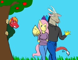 Size: 990x765 | Tagged: safe, artist:caseyljones, character:big mcintosh, character:discord, character:fluttershy, species:anthro, ship:discoshy, ship:fluttermac, discord vs big mac, female, fluttershy gets all the stallions, jealous, love triangle, male, shipping, straight