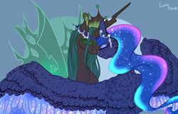 Size: 1400x895 | Tagged: safe, artist:luna dave, character:princess luna, character:queen chrysalis, species:alicorn, species:changeling, species:pony, species:reformed changeling, ship:chrysaluna, a better ending for chrysalis, colored wings, female, horn, horn jewelry, jewelry, lesbian, realistic wings, shipping, spotted, wing fluff, wings