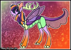 Size: 1024x727 | Tagged: safe, artist:thebigearredbat, oc, oc only, parent:thorax, parent:twilight sparkle, parents:twirax, species:changeling, species:changepony, species:reformed changeling, colorful background, female, hybrid, hybrid wings, interspecies offspring, offspring, solo, wings