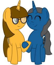 Size: 1000x1200 | Tagged: safe, artist:colorcodetheartist, oc, oc only, oc:color code, oc:midnight melody, ponysona, species:pony, species:unicorn, 2020 community collab, derpibooru community collaboration, female, glasses, holding hooves, lesbian, oc x oc, shipping, simple background, smiling, squishy cheeks, transparent background